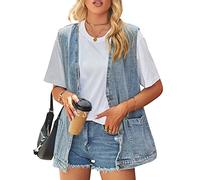 FEOYA Women's Oversized Denim Gilet Baggy V Neck Denim Waistcoat Button Down Sleeveless Jean Jacket Distressed Loose Fit Collarless Gilet Cotton Casual Washed Vest with Pockets Autumn Spring 04 Blue S
