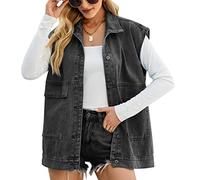 FEOYA Women's Oversized Denim Gilet Distressed Baggy Denim Waistcoat Button Down Sleeveless Jean Jacket Washed Loose Fit Lapel Vest Turn Down Collar with Pockets Cotton Autumn Spring 02 Black Grey L