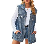 FEOYA Women's Oversized Denim Gilet Distressed Baggy Denim Waistcoat Button Down Sleeveless Jean Jacket Washed Loose Fit Lapel Vest Cotton Turn Down Collar Gilet with Pockets Spring Autumn 06 Blue L