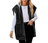 FEOYA Women's Oversized Denim Gilet Distressed Baggy Hooded Denim Waistcoat Button Down Sleeveless Jean Jacket Casual Loose Fit Lapel Vest with Hood Pockets Turn Down Collar Spring Autumn 02 Black XL