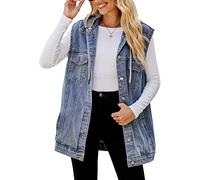 FEOYA Women's Oversized Denim Gilet Distressed Baggy Hooded Denim Waistcoat Button Down Sleeveless Jean Jacket Cotton Loose Fit Lapel Vest with Hood Pockets Turn Down Collar Spring Autumn 06 Blue L