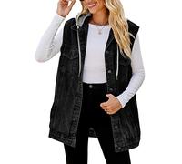 FEOYA Women's Oversized Denim Gilet Distressed Baggy Hooded Denim Waistcoat Button Down Sleeveless Jean Jacket Cotton Loose Fit Lapel Vest with Hood Pockets Turn Down Collar Spring Autumn 06 Black L