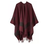 FEOYA Women's Oversized Poncho Cape Warm Shawl Blanket Wrap Striped Reversible Capes Open Front Printed Cape Shawls Fringe Tassel Knitted Ruana Shawl Color Block Autumn Winter Spring 01 Wine Red