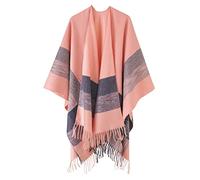 FEOYA Women's Oversized Poncho Cape Warm Shawl Blanket Wrap Striped Reversible Capes Open Front Printed Cape Shawls Fringe Tassel Knitted Ruana Shawl Color Block Autumn Winter Spring Retro 01 Pink