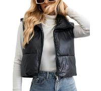 FEOYA Women's Padded Gilet Cropped Puffer Gilet for Women UK Cotton Quilted Vest Winter Sleeveless Down Jacket Lightweight Short Crop Gilets Stand Collar Zip Up Waistcoat Body Warmer Outwear Black XL