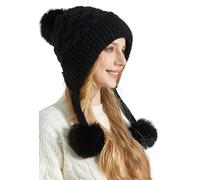 FEOYA Women's Pom Pom Hat Winter Knitted Beanie Knit Fleece Lined Hats for Women Warm Fuzzy Plush Hat Black Faux Rabbit Fur Thermal Snow Ski Cap with Ear Flaps Cover Peruvian Furry Skiing Caps