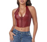 FEOYA Women's PU Leather Crop Tops Halter Neck Hook Eye Backless Tank Top Lace Up Punk Cami Sexy Y2K Vest Party Club Red S