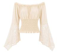 FEOYA Women's Renaissance Shirts Bell Sleeve Off Shoulder Medieval Tops Pirate Peasant Dressy Blouse Elastic Waist Gothic Y2k Tops Apricot L