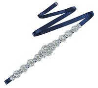 FEOYA Women's Rhinestone Wedding Sash Bridal Waist Belt with Diamante Crystal Applique for Bridesmaid, Evening Dress, Party & Prom - 02 Navy Blue