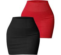 FEOYA Women's Ribbed Mini Skirt Tube Short Bodycon Skirt Ladies Skinny High Waist Pencil Skirts for Women UK Stretch Rib Knit Skort Sexy Tight Slim Fit Skorts Casual Office Work Dress L Black Red