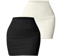 FEOYA Women's Ribbed Mini Skirt Tube Short Bodycon Skirt Skinny High Waist Pencil Skirts for Women UK Stretch Rib Knit Skort Sexy Tight Slim Fit Skorts Casual Office Work Dress M Black Off White