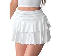 FEOYA Women's Ruffle Mini Skirt Y2k A Line High Waist Pleated Skater Skort Bow Side Flowy Cute Short Skirts Casual Tennis Party Club White S