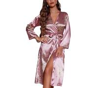 FEOYA Women's Satin Dressing Gown Soft Silk Robes V Neck Dressing Gown Long Nightdress Lightweight Sleepwear Nightwear Ladies Dressing Gowns for Women Pink L
