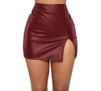 FEOYA Women's Shiny Liquid Metallic Bodycon Pencil Mini Skirt High Waist Split Hem Back Zipper PU Leather Skirt