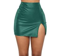 FEOYA Women's Shiny Liquid Metallic Bodycon Pencil Mini Skirt High Waist Split Hem Back Zipper PU Leather Skirt