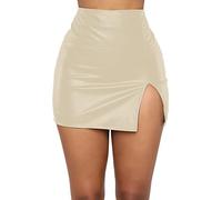 FEOYA Women's Shiny Liquid Metallic Bodycon Pencil Mini Skirt High Waist Split Hem Back Zipper PU Leather Skirt