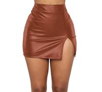 FEOYA Women's Shiny Liquid Metallic Bodycon Pencil Mini Skirt High Waist Split Hem Back Zipper PU Leather Skirt