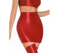 FEOYA Women's Shiny Mini Skirt Sexy Metallic Oil Glossy Skirts Ladies Wet Look Sheer Short Skirt Tight Bodycon Pencil Skirts High Waisted See Through Skort Slim Fit Club Clubbing Skort Red M