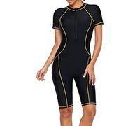 FEOYA Women's Short Sleeve One Piece Swimsuit Zip Front Rash Guard Sun Protection Swimming Costume Surfing Bathing Suit Quick Dry Stretch Swimwear for Beach Diving 01 Black M