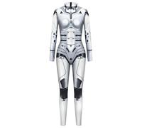FEOYA Women's Slim Fit Halloween Jumpsuit Mechanical Digital Printed Bodysuit Stretch Cosplay Catsuit Long Sleeve Fancy Dress Playsuit Party S-XL