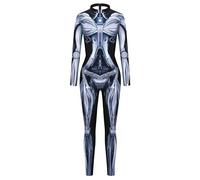 FEOYA Women's Slim Fit Halloween Jumpsuit Mechanical Digital Printed Bodysuit Stretch Cosplay Catsuit Long Sleeve Fancy Dress Playsuit Party S-XL