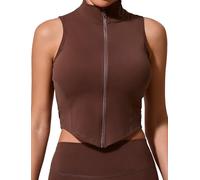 FEOYA Women's Sports Vest Ladies Skinny Sleeveless Yoga Top Full Zip Workout Gym Running Top Slim Fit Fitness Tank Tops Elastic Stretch Zip Up Crop Vests Coffee S Activewear Sleeveless Jacket