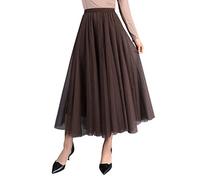 FEOYA Women's Swing Pleated Skirt Vintage Princess Skirt Elastic Waistband Petticoat Elegant Tulle Skirt Coffee