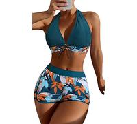 FEOYA Women's Tankini Sets Sexy Two Pieces Swimsuit Halter Neck Top with Shorts Bikini Sets Floral Print Swimwear Plus Size Push Up A10 L