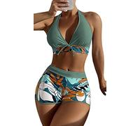 FEOYA Women's Tankini Sets Sexy Two Pieces Swimsuit Halter Neck Top with Shorts Bikini Sets Floral Print Swimwear Plus Size Push Up A4 S