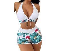 FEOYA Women's Tankini Sets Sexy Two Pieces Swimsuit Halter Neck Top with Shorts Bikini Sets Floral Print Swimwear Plus Size Push Up A16 XL