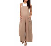 FEOYA Women's Wide Leg Overalls Sleeveless Pregnancy Rompers Casual Loose Fit Summer Long Bib Pants Khaki M