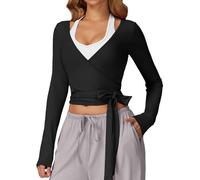 FEOYA Women's Wrap Top Long Sleeve Cross Tie Yoga Ballet Pilates Shirt Workout Blouses V Neck Y2K Dance Cardigan Black M