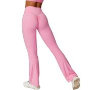 FEOYA Women's Yoga Flared Leggings Butt Lifting Flare Pants High Waisted Tummy Control Leggings Bootcut Ruched Scrunch Bums Legging Gym Sport Workout Wide Leg Bootleg Trousers Pink L Fitness Tights