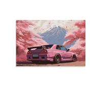 FeoYoed Canvas Wall Art Posters Decor Wall Painting Art Prints Decorations for Bedroom Living Room Office Aesthetic Japan Jdm Car R34 Pink Cherry Tree Mount Fuji 12x18inch(30x45cm)