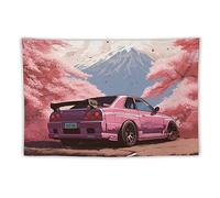 FeoYoed Car Tapestry Wall Hanging Decor Wall Art for Bedroom Living Room Dorm Picnic Japan Jdm Car R34 Pink Cherry Tree Mount Fuji 40"x60"