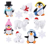 FEPITO 12 Pcs Winter Resin Penguin Polar Bear Snowflakes Miniature Figurine Toy Mini Christmas Figures for DIY Garden Home Decor Christmas Ornaments