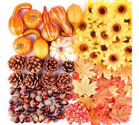 FEPITO 156 Pcs Fall Thanksgiving Decorations, Mini Artificial Pumpkins, Pine Cones, Fall Leaves, Acorns，Sun Flowers and Red Berries for Fall Party Decorations Thanksgiving Party Supplies