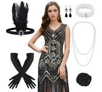 FEPITO 1920s Flapper Dresses for Women, Fringed Sequin Great Gatsby Dress for Women with 20s Accessories, Roaring 20s Costumes