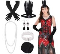 FEPITO 1920s V Neck Sequin Beaded Fringed Dress with 20s Accessories Set