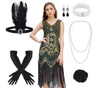 FEPITO 1920s V Neck Sequin Beaded Fringed Dress with 20s Accessories Set