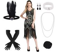 FEPITO 1920s V Neck Sequin Beaded Fringed Dress with 20s Accessories Set