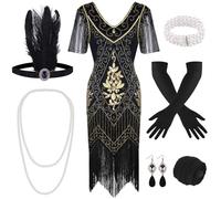 FEPITO 1920s V Neck Sequin Beaded Fringed Dress with 20s Accessories Set(Style 7) (Black Gold, Large)