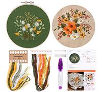 FEPITO 2 Sets Full Range Embroidery Starter Kit with Pattern and Instructions Cross Stitch Kit Includes 2 Pcs Embroidery Clothes with Floral Pattern, 1 Pcs Plastic Embroidery Hoops, 1 Pcs Scissor