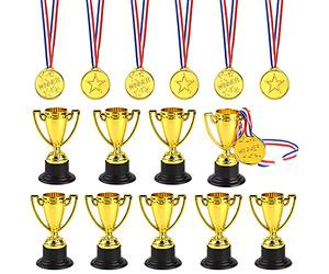 FEPITO 30 Pcs Trophies Medals Set 10Pcs Gold Plastic Trophy Cup and 20Pcs Winner Medals for Kid Party Sports Awards