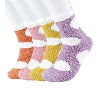 FEPITO 4 Pairs Women's Winter Fluffy Cozy Socks, Slipper Bed Socks for Women, Yellow, Orange, Pink, Purple, Ankle Length, One Size