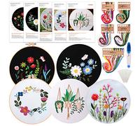 FEPITO 5 Sets Embroidery Starter Kit with Pattern and Instructions Cross Stitch Kit Including 5 Pcs Embroidery Clothes with Floral Pattern, 2 Pcs Plastic Embroidery Hoops, Color Threads Needle Kit