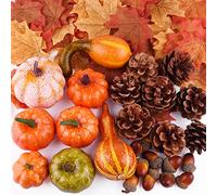 FEPITO 56 Pcs Fall Thanksgiving Decorations, Mini Artificial Pumpkins, Pine Cones, Fall Leaves, Acorns for Fall Party Decorations, Autumn Decorating Kit Halloween Thanksgiving Party Supplies