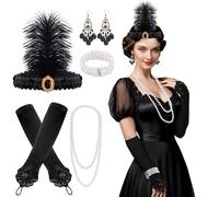 FEPITO 8 Pcs 1920s Accessories Set Flapper Headband Necklace Earrings Long Black Gloves Boa Great Gatsby Theme Party Accessories for Women（Set E）