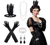 FEPITO 8-Piece 1920s Flapper Accessories Set - Roaring 20's Theme with Headband, Headpiece, Long Black Gloves, Necklace, Earrings for Women