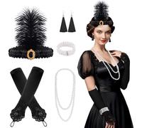 FEPITO 8-Piece 1920s Flapper Great Gatsby Accessories Set Fashion Roaring 20's Theme Set with Headband Headdress Long Black Gloves Necklace Earrings for Women (Set D)